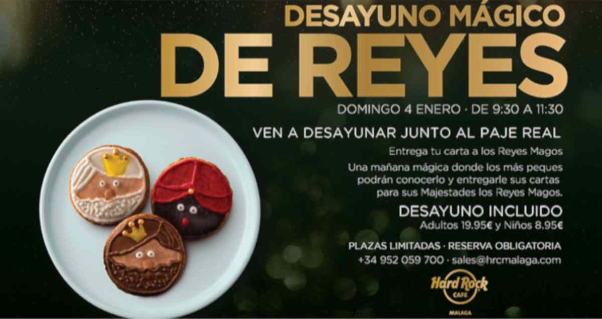 Celebra la mañana más mágica del año con nosotros Este domingo 04/01, ven a disfrutar de un desayuno familiar de Reyes de 9:00 a 11:00 en Hard Rock Cafe, con animación del Paje Real y una mesa especial con galletas, dulces y frutas para los peques. Magia garantizada antes de que lleguen los regalos. Reserva previa obligatoria: 📞 +34 952 05 9700 ✉️ sales@hrcmalaga.com ADULTOS (incluye café y yogurt) Full English Breakfast: huevos fritos, salchicha, hash browns, champiñones asados, tomate y alubias cocidas – 16.95€ American Breakfast: tortitas con huevos revueltos, beicon ahumado y hash browns – 16.95€ NIÑOS (incluye chocolate caliente o zumo) Kids Pancakes: 2 tortitas con mantequilla, sirope de arce y fruta fresca – 8.95€ Kids Toast: tostada con huevos revueltos y bacon – 8.95€ desayuno reyes magos hard rock cafe malaga 2026
