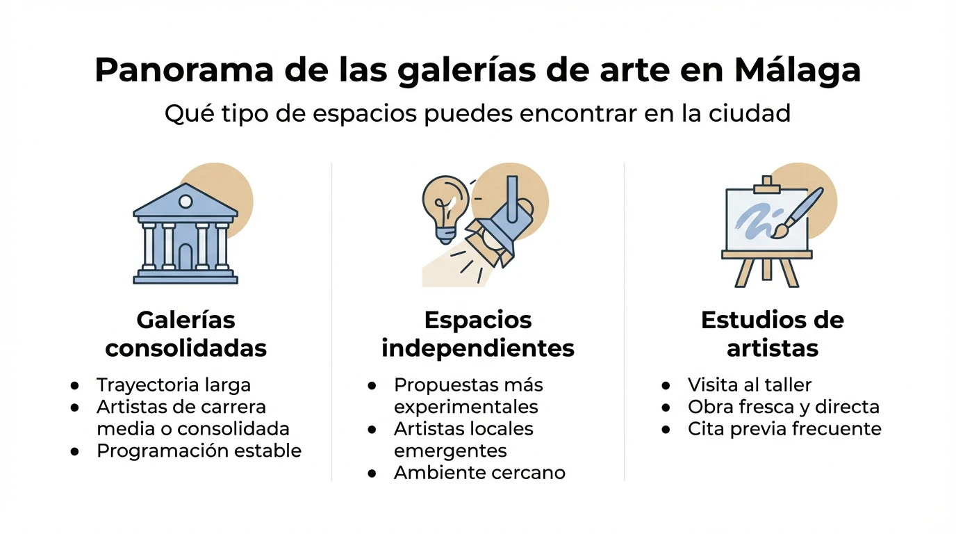 Infografía que resume los tipos de galerías de arte y espacios expositivos que existen en Málaga.