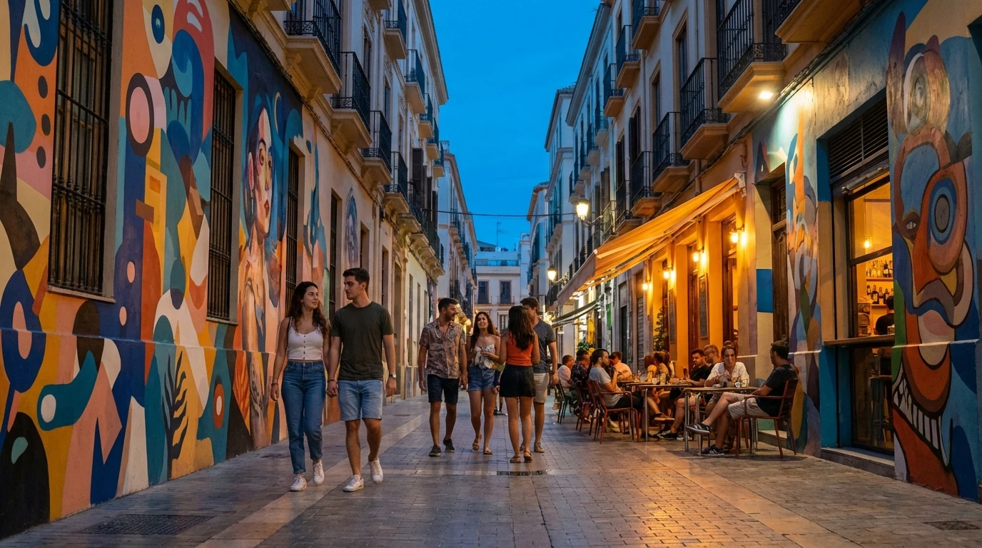 Personas paseando por una calle del Soho de Málaga con murales de arte urbano y terrazas iluminadas al anochecer.
