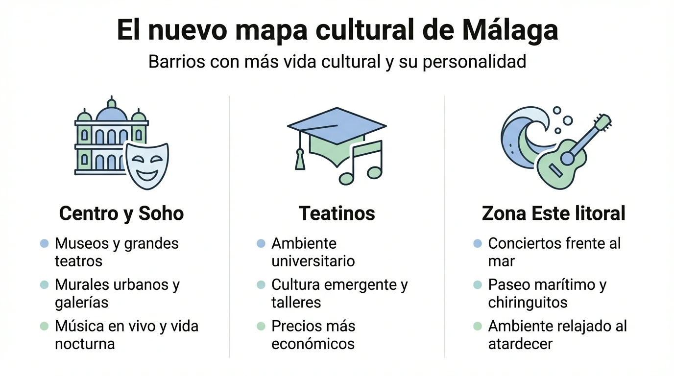 Infografía que resume los principales barrios culturales de Málaga y su tipo de ambiente.
