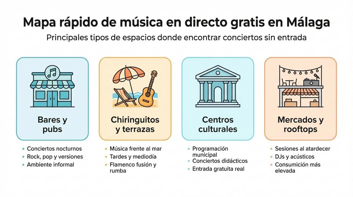 Diagrama con los principales tipos de espacios donde encontrar música en directo gratis en Málaga