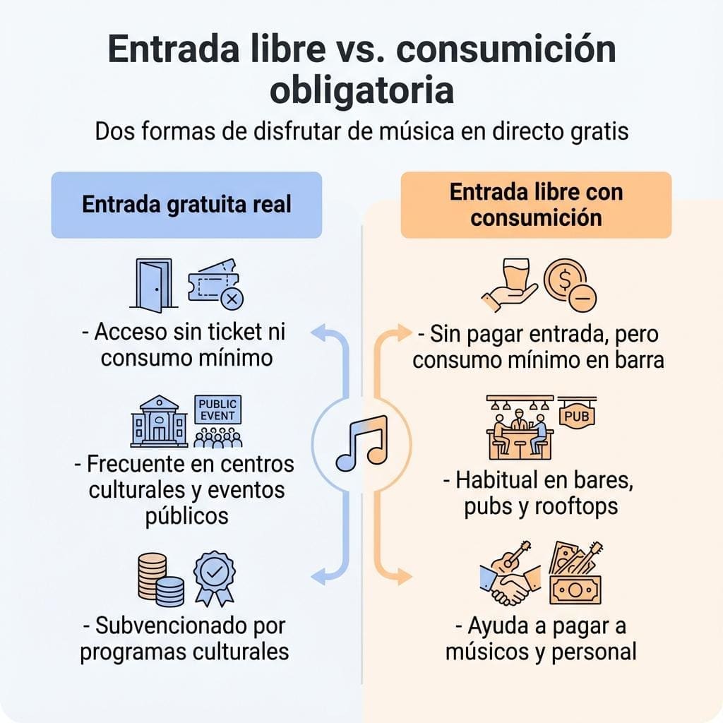 Diagrama que compara la entrada gratuita real con la entrada libre con consumición obligatoria en conciertos
