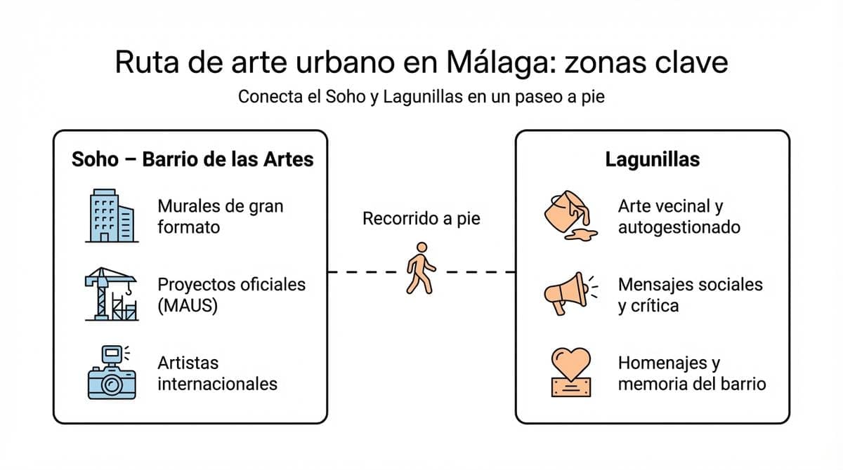Diagrama que muestra las dos zonas clave de la ruta de arte urbano en Málaga, el Soho y Lagunillas, conectadas por un recorrido a pie