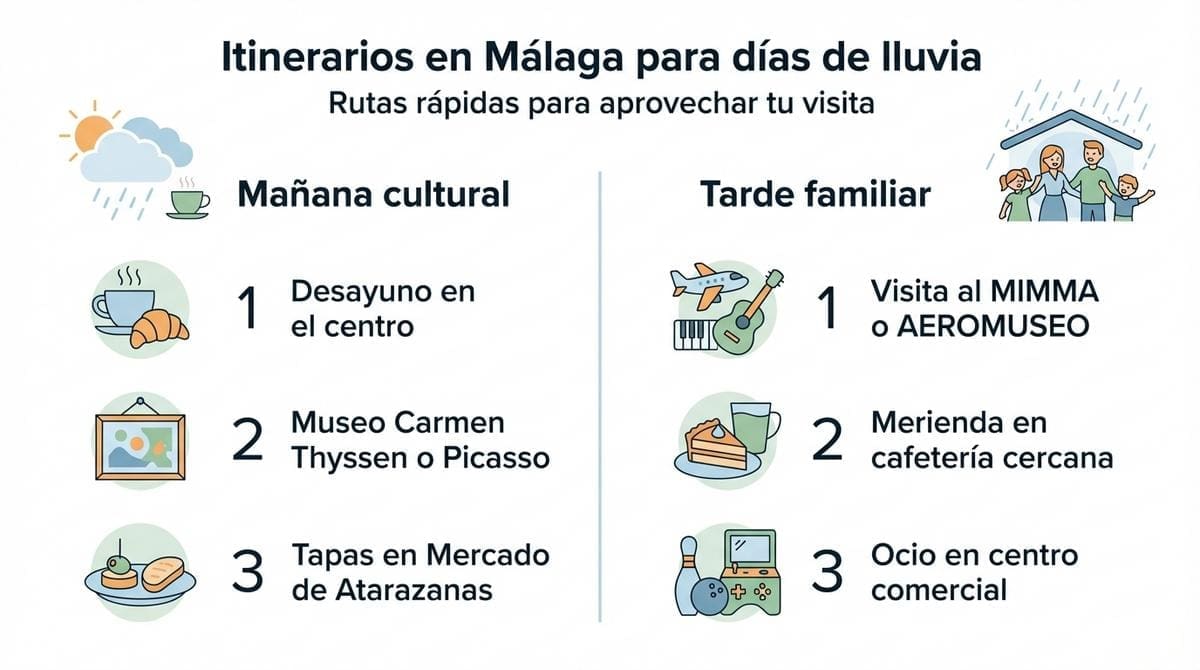 Infografía comparativa con dos itinerarios para visitar Málaga en días de lluvia, uno cultural y otro familiar.