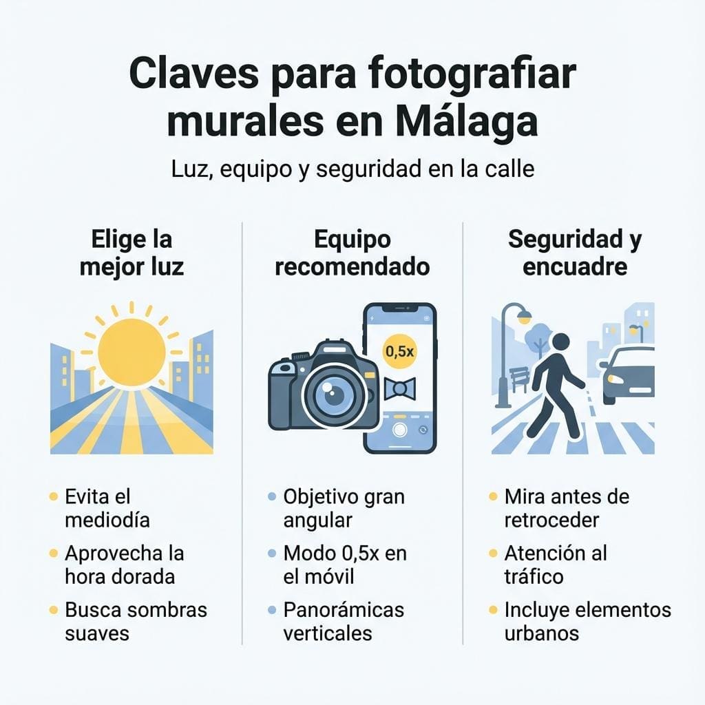 Infografía con consejos sobre luz, equipo y seguridad para fotografiar murales de arte urbano en Málaga