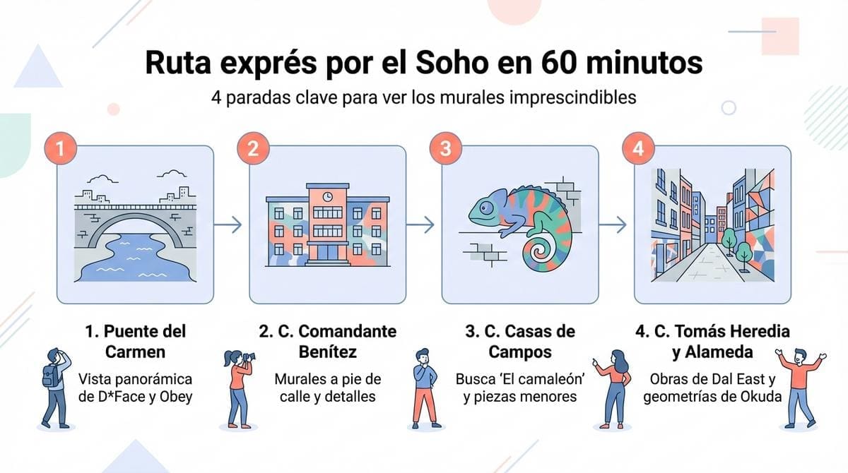 Infografía con los cuatro pasos de la ruta exprés de arte urbano por el Soho de Málaga en 60 minutos