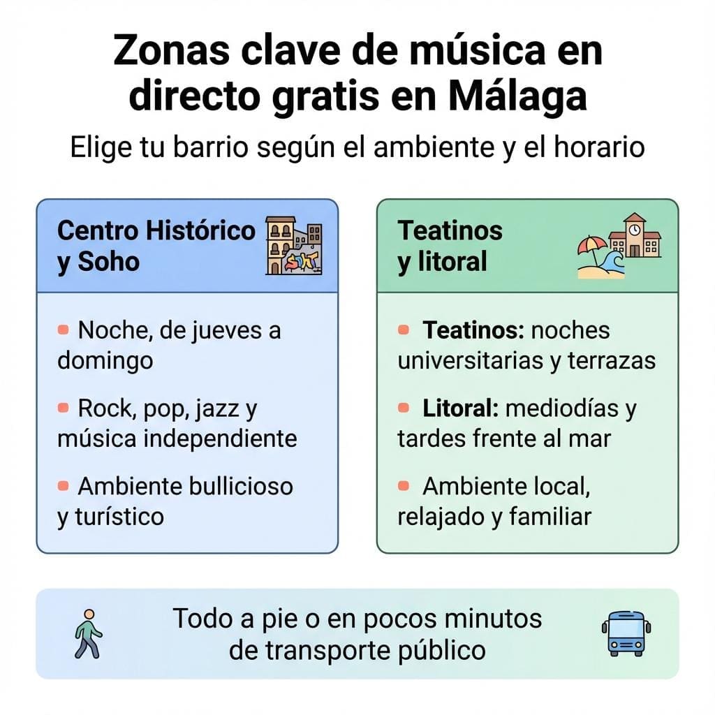 Infografía que compara las principales zonas de Málaga donde encontrar conciertos gratuitos