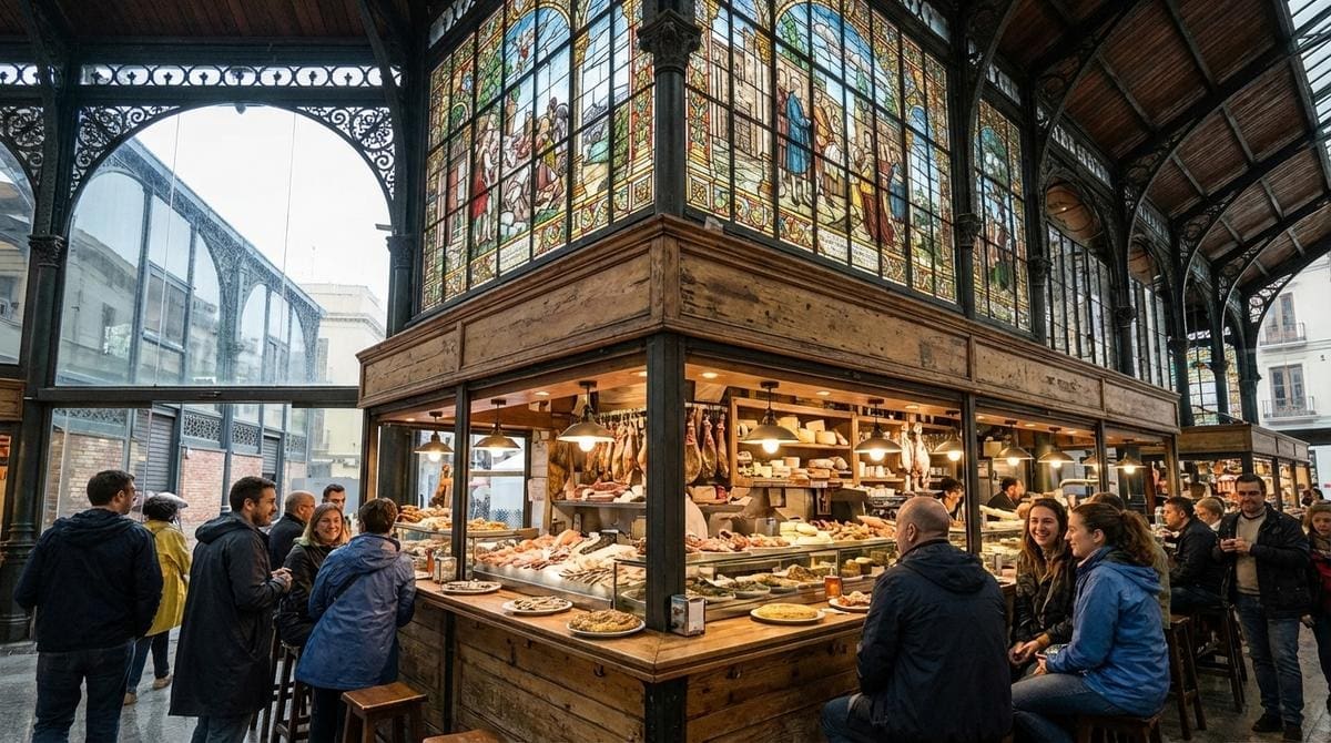 Personas disfrutando de tapas en el interior del Mercado de Atarazanas de Málaga en un día nublado.