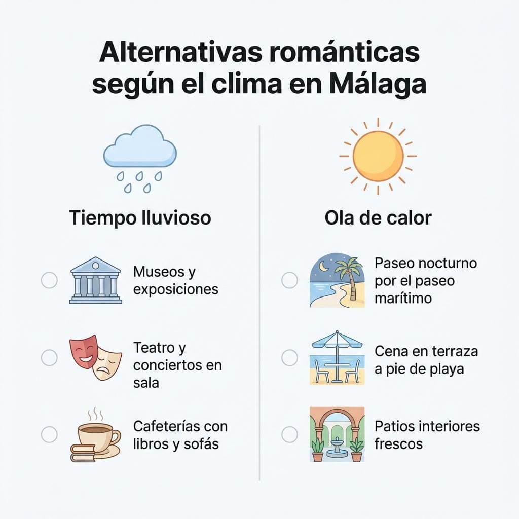 Diagrama con checklist de planes románticos en Málaga para días de lluvia y olas de calor.