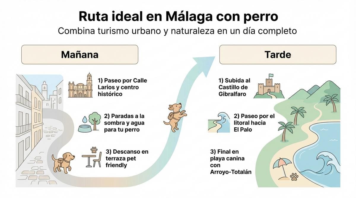 Diagrama con una ruta ideal de día completo en Málaga con perro, diferenciando planes de mañana y de tarde.