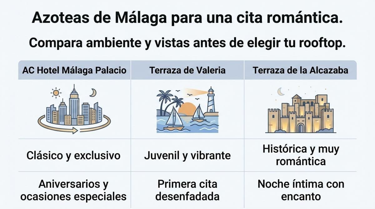 Infografía comparativa de tres azoteas de Málaga destacando su ambiente y ocasión ideal para una cita romántica.