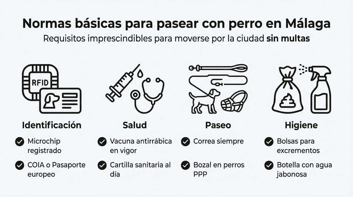 Infografía con checklist de normas básicas para pasear con perro en Málaga, incluyendo identificación, salud, paseo e higiene.