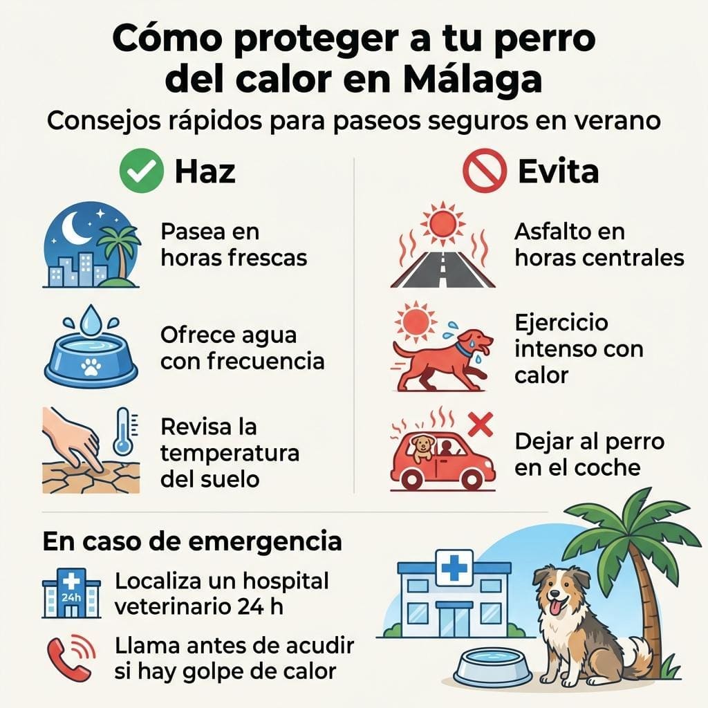 Infografía con consejos para proteger a los perros del calor en Málaga y actuar ante una urgencia veterinaria.