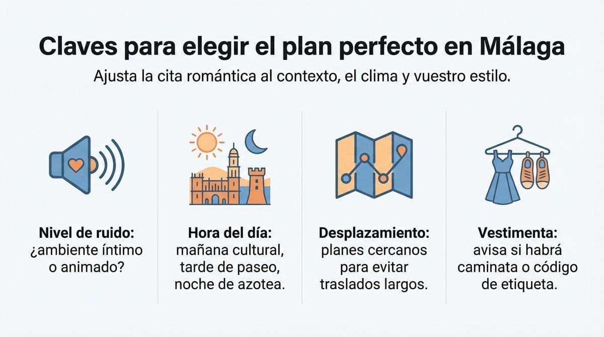 Infografía con cuatro claves para elegir el plan perfecto para una cita romántica en Málaga.