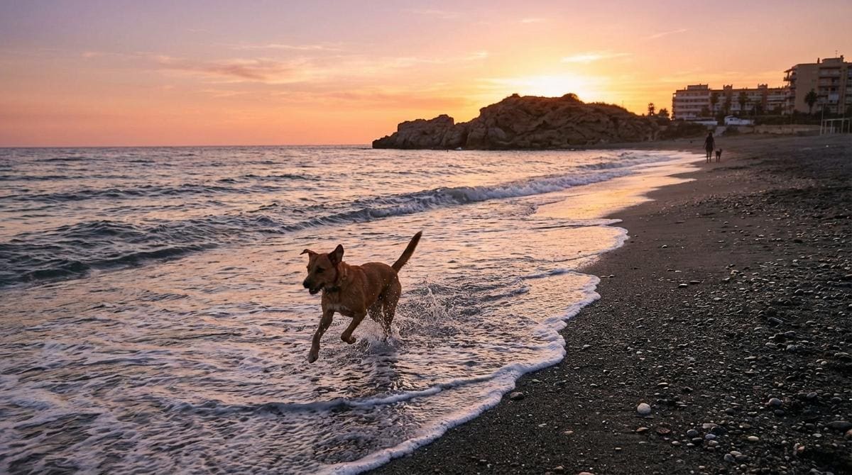 Perro corriendo y jugando junto al mar en una playa de grava y arena oscura al atardecer.